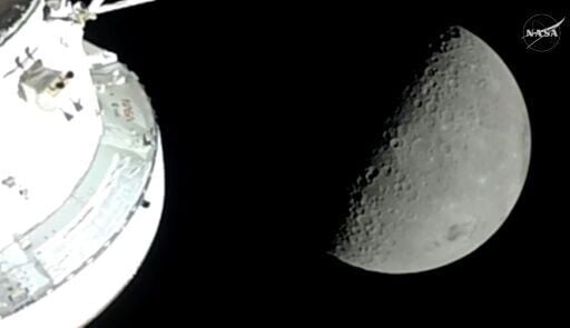 This screengrab from a NASA livestream shows the Orion spacecraft approaching the Moon on April 6, 2026