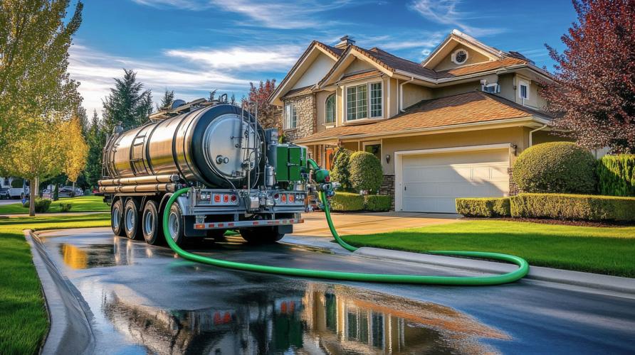 STOCK Large truck tank attached to it parked front A heavy-duty vacuum