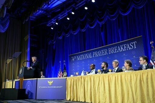 President Donald Trump at a prayer breakfast on Feburary 25, 2026, shortly before launching war on Iran