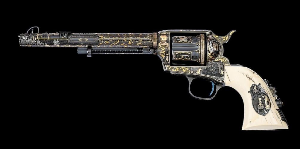 Custom set of Colt Single Action Army pistols, so-named the East-West guns because they were ordered to pay homage to the Transcontinental Railroad, which joined the East and West Coasts. Estimate: $400,000-$800,000