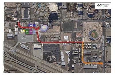 The proposed Russell Road intersection and bypass road, from Las Vegas Boulevard east and south to Tropicana Avenue.  Exhibit: GCW Engineers \ Surveyors.
