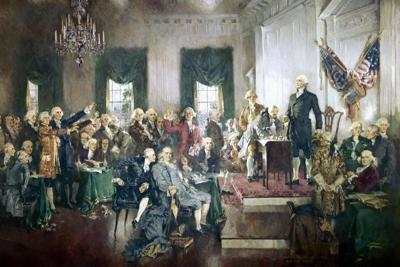 This painting depicts the Constitutional Convention in 1787. The Founding Fathers leaned on French philosopher Montesquieu as they designed the Constitution.