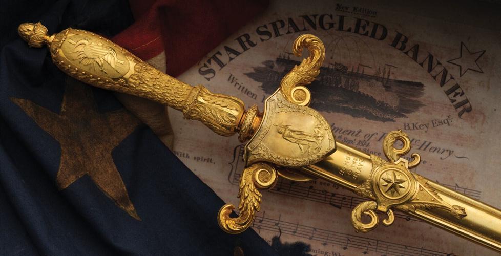 Lt. Col George Armistead was a national hero after raising the flag that inspired Francis Scott Key to write "The Star-Spangled Banner." This N.P. Ames sword, with solid gold hilt, was made in his honor and presented posthumously to his son.