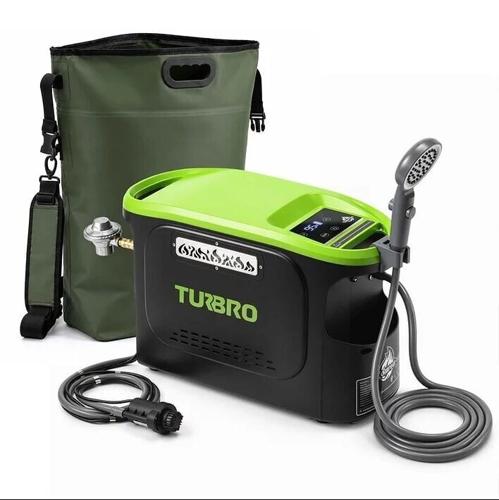 TURBRO Rotorua WH-34K Portable Outdoor Water Heater with built-in rechargeable battery, shower head, water pump, and portable water storage bag.