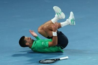 Novak Djokovic took a tumble during his Australian Open third round win over Botic van de Zandschulp