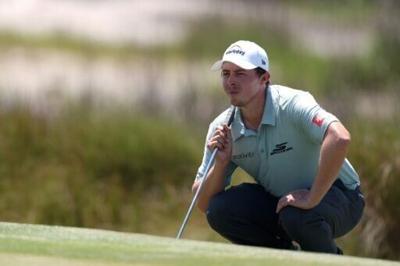 England's Matt Fitzpatrick lines up a putt on the way to the 36-hole lead in the US PGA Tour RBC Heritage