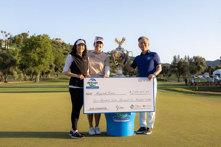 Plastpro CEO Shirley Wang, 2026 JM Eagle LA Championship winner Hannah Green, JM Eagle CEO Walter Wang
