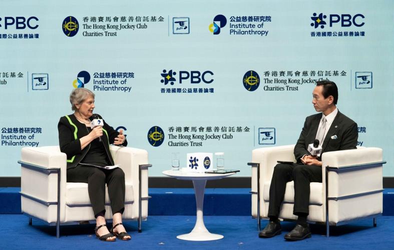 Moderated by Club Steward The Hon Bernard Chan (right), former Prime Minister of New Zealand and former United Nations Development Programme Administrator Helen Clark (left) delivers the opening keynote entitled “A New Era for Philanthropy: Leading Thro...