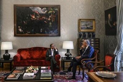 Colombian president Gustavo Petro (L) met with Portuguese counterpart Marcelo Rebelo de Sousa (R) during his May 2023 visit to Lisbon, seen here at the Belem Palace -- and spent some down time at a strip club per newly revealed financial records