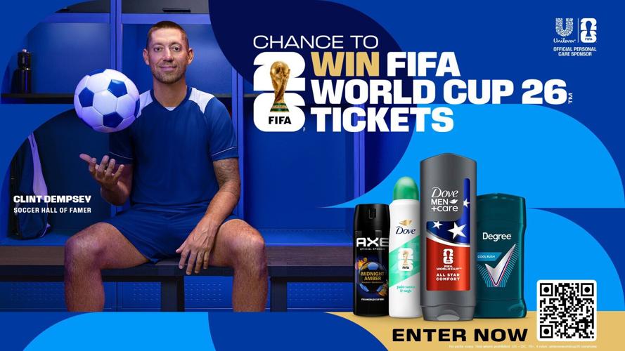 Unilever and Soccer Hall of Famer Clint Dempsey team up to offer fans a chance to win FIFA World Cup 26™ tickets through select Dove Men+Care, Degree, and AXE personal care gift packs.