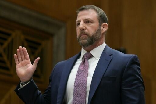 Senator Markwayne Mullin, President Donald Trump's nominee to be secretary of Homeland Security, being sworn in for his Senate confirmation hearing