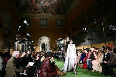 A model presents a creation by Italian fashion house Valentino during the show 'Interferenze'