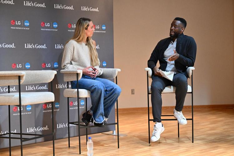 Lexie Hull, WNBA free agent and NCAA Division I women's basketball champion, speaks with Johnny Milabu, Corporate Marketing Manager at LG Electronics USA, during a mental health discussion for IU Indianapolis student-athletes at the 2026 NCAA Men's Fina...