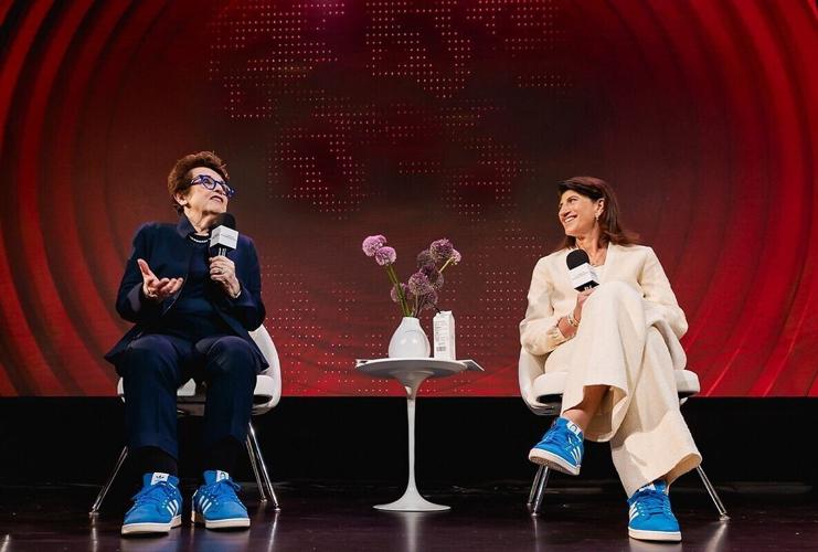 Billie Jean King and Lara Abrash on stage at the 'Power of Women's Sports Summit' in New York City.