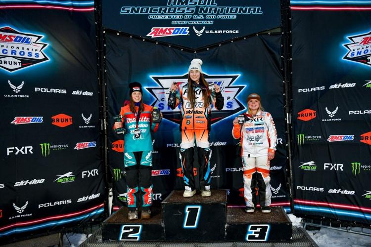 A Podium sweep for Ski-Doo riders with Victoria Dillion, Naeli Lebel and Kendall Rose on Friday, at the ISOC Snocross National in Duluth, Minnesota. (CNW Group/BRP Inc.)