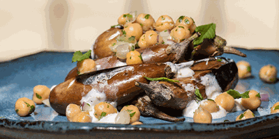 Roasted Eggplant, Chickpea Salad and Greek Yogurt