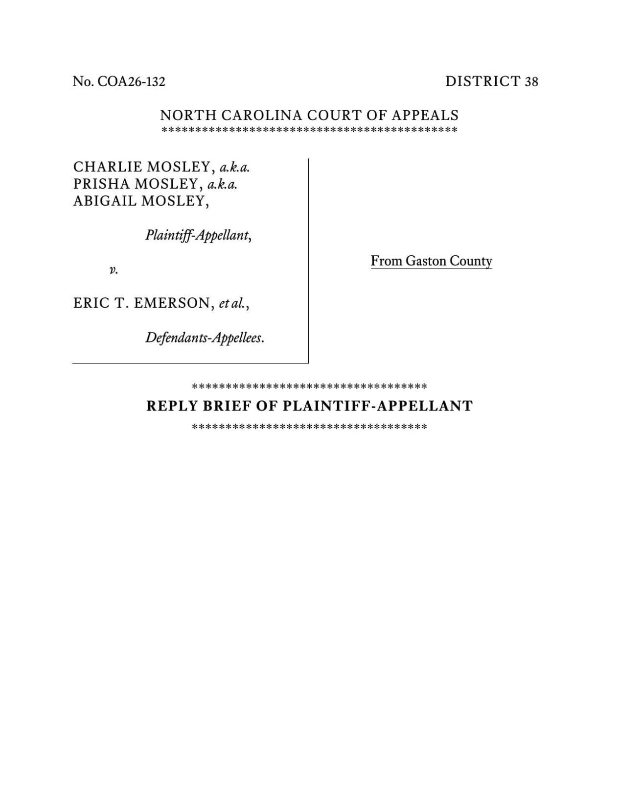 FNF - NC - Lawsuit Mosley v Emerson Plaintiff Appeal Replay Brief NCCOA July 28