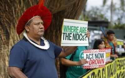 Indigenous activists protested in Brasilia on October 14 during the pre-COP30 preparatory meeting