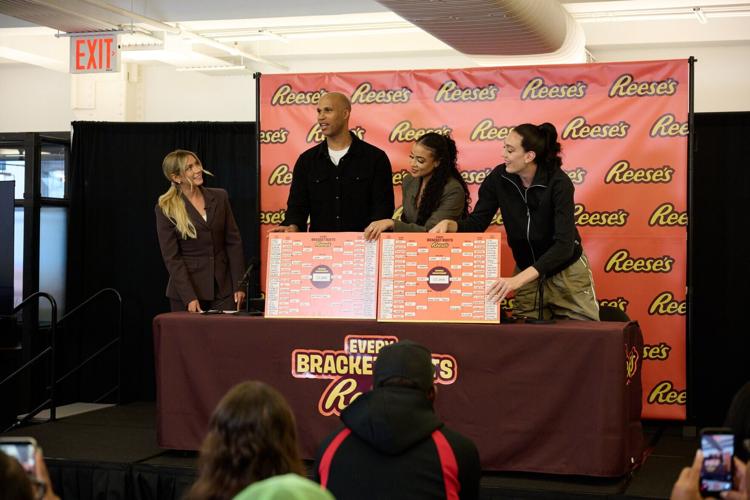 Katie Feeney, Richard Jefferson, and Cullen Honohan participate in bracket discussions during the Reese's Summit for "Every Bracket Busts for a Reese's"