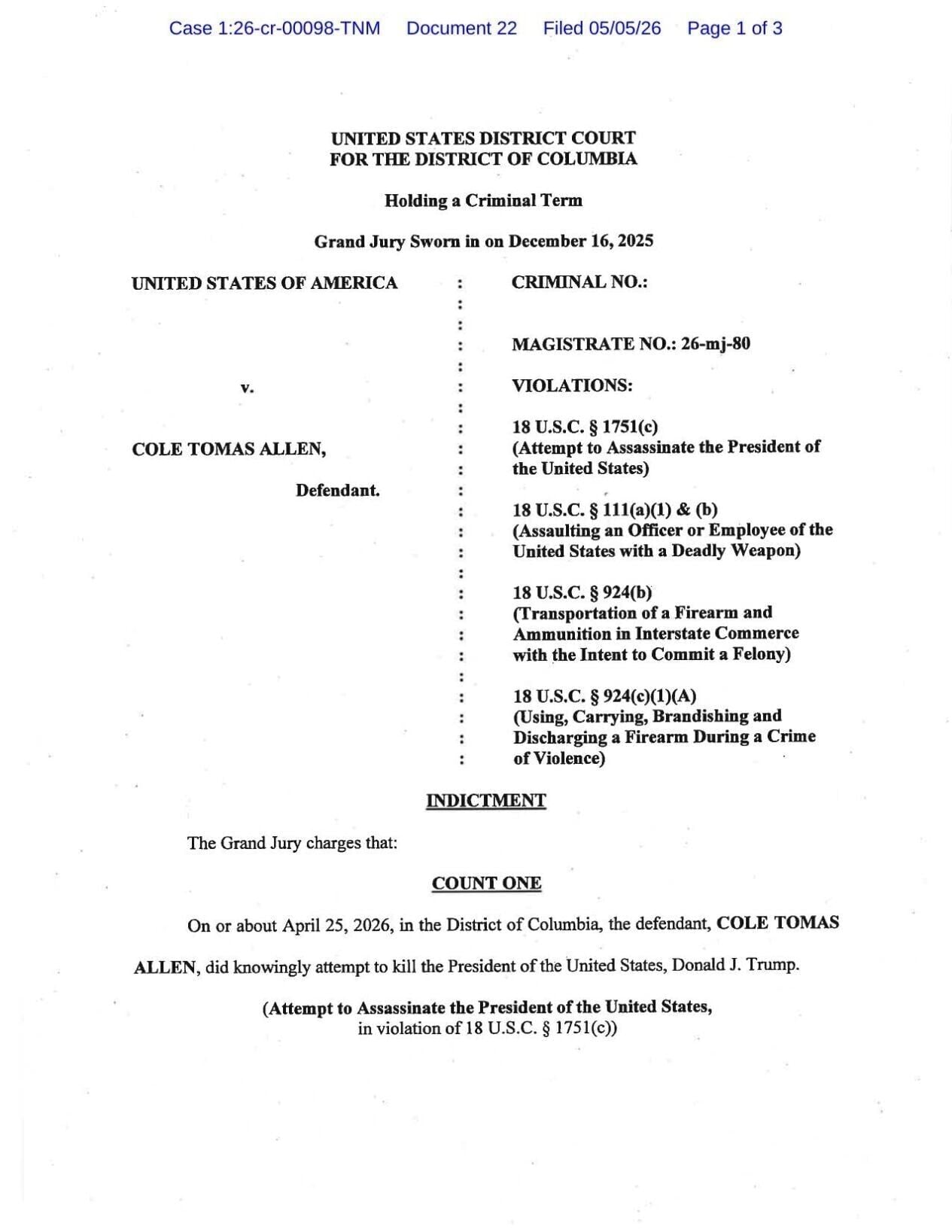 Cole Allen Grand Jury Indictment