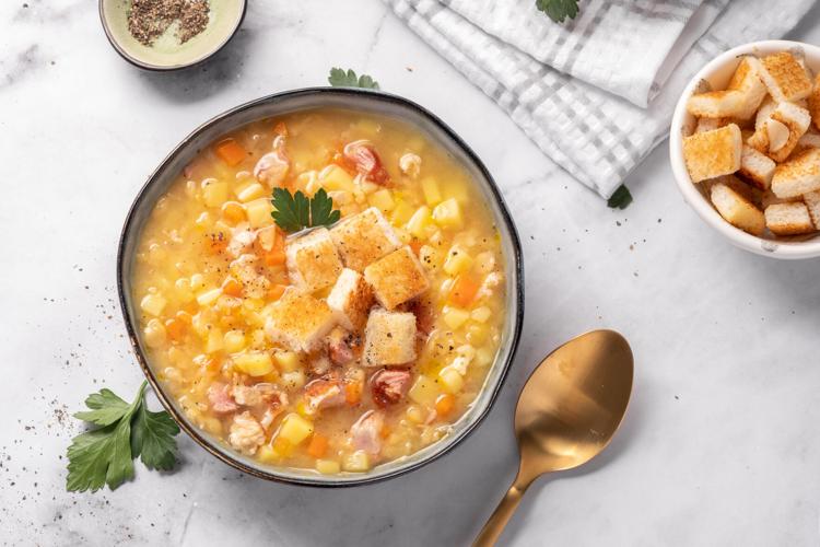 Lentil pea soup garnish with ham