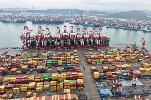 Containers waiting at port in Qingdao, China