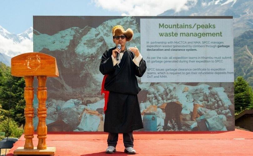 Tshering Sherpa, CEO of the Sagarmatha Pollution Control Committee (SPCC), speaks at the “Himalayan Climate Charter 2026 Namche Summit.”