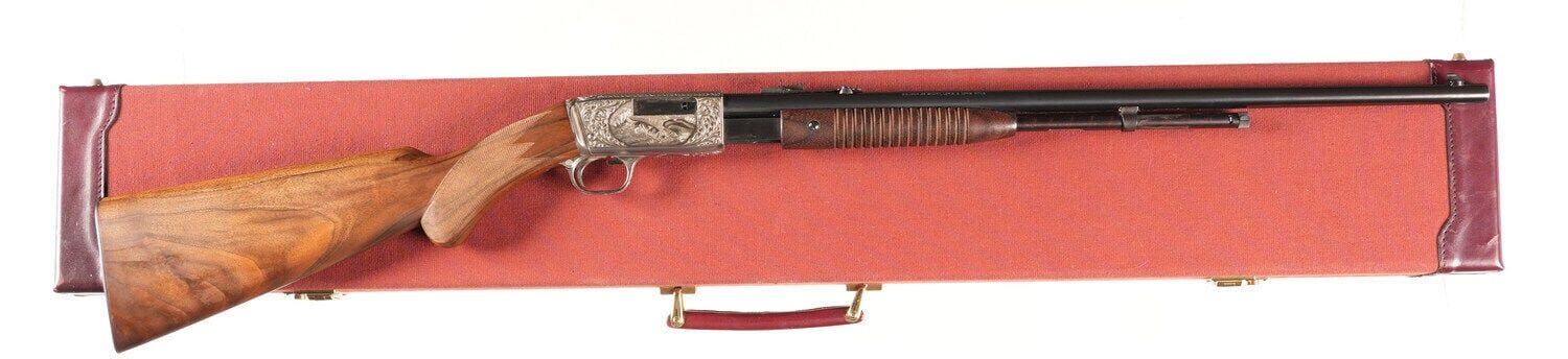 Browning Trombone pump-action Grade 3 slide rifle chambered in .22 Short, Long and Long Rifle (sllr). Accompanied by an attractive canvas and leather carrying case. Estimate: $5,500-$7,500