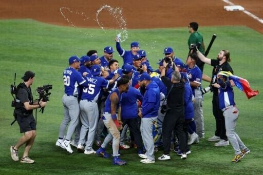 Venezuela celebrate after their World Baseball Classic victory over the United States