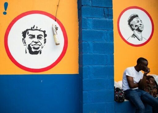 Wall portraits of Spanish football star Lamine Yamal and Brazil's Vinicius Junior in Delmas, a neighborhood of Port-au-Prince