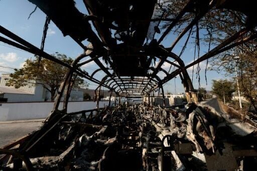 A bus allegedly set on fire by organised crime groups in near Acatlan de Juarez, Jalisco state, Mexico