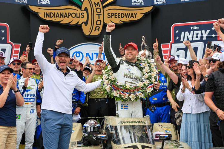 BorgWarner’s President and CEO Joseph Fadool awarded 2026 Indianapolis 500 winner Felix Rosenqvist the iconic Borg-Warner Trophy and Victory Lane Wreath, after the Meyer Shank Racing driver won the closest finish race in Indy 500 history.
