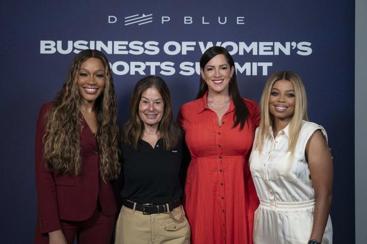 Podcast hosts Cari Champion (left) and Jemele Hill (right) are photographed with panelists Andrea Brimmer, Ally Chief Marketing and Public Relations Officer, and iHeart’s Sarah Spain (center) at Deep Blue Business of Women’s Sports Summit at Chelsea Ind...
