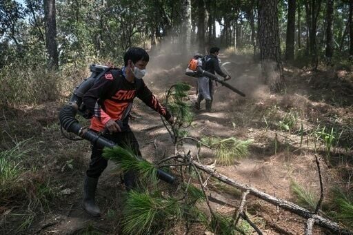 Volunteer firefighters from Hmong Doi Pui village using leaf blowers to clear a firebreak in the Doi Suthep-Pui National Park