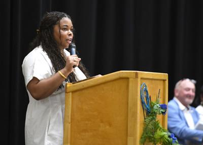 Cliff Williams / TPI Danielle Braswell speaks to incoming honorees of the EMANON program Saturday. Braswell was one of them more than a decade ago.