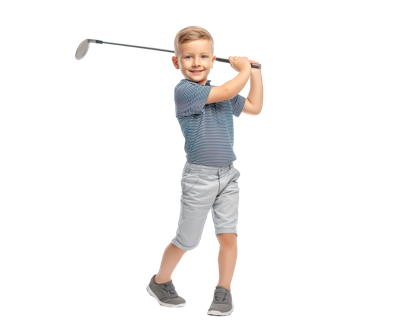 STOCK Happy boy playing golf in full swing pose. smiling child and junior golfer enjoying sport activity. Young male player isolated on transparency background for fun