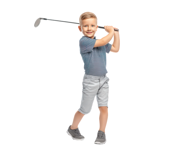 STOCK Happy boy playing golf in full swing pose. smiling child and junior golfer enjoying sport activity. Young male player isolated on transparency background for fun