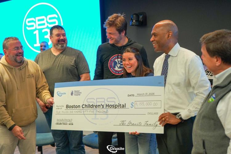 Granite CEO Rob Hale presents a check to Kevin Churchwell, MD, CEO of Boston Children’s Hospital at Granite’s 13th Annual Saving by Shaving event. Left to right: WEEI’s Greg Hill; New England Patriots legend Joe Andruzzi; Patriots quarterback Drake Maye...