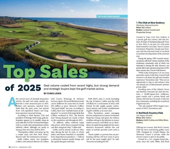 Concert Golf Partners' purchase of The Club at New Seabury on Cape Cod was ranked by Golf Inc. Magazine as the No. 1 deal of the year in its current issue. (Golf Inc. March/April 2026)