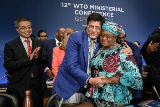 WTO chief Ngozi Okonjo-Iweala (R) with India's commerce minister Piyush Goyal at the 2022 ministerial conference