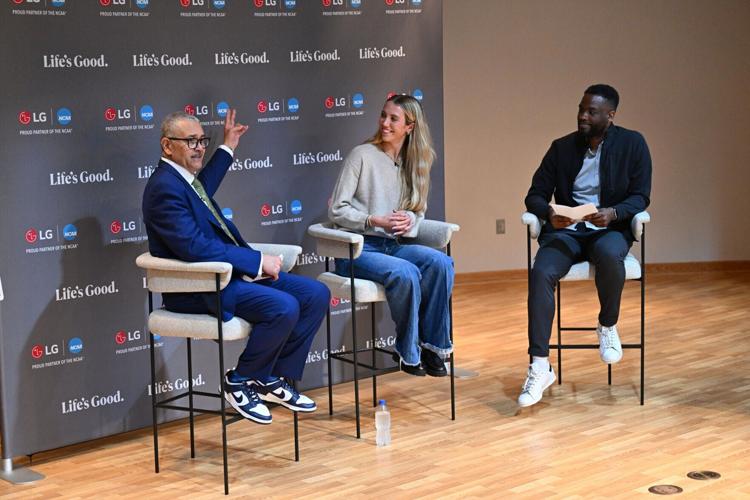 Panelists discuss student-athlete mental health at a special LG and NAMI-hosted event at IU Indianapolis during the 2026 NCAA Men's Final Four weekend. Pictured (from l to r): Dan Gillison, Jr., CEO of NAMI; Lexie Hull, WNBA free agent and NCAA Division...