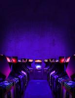 Old Unbranded Vintage Arcade Video Games in dark gaming room with purple light with glowing displays and concrete wall - vertical photo of retro design with free copy space for a poster or magazine