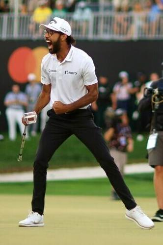 Akshay Bhatia celebrates his playoff win at Bay Hill