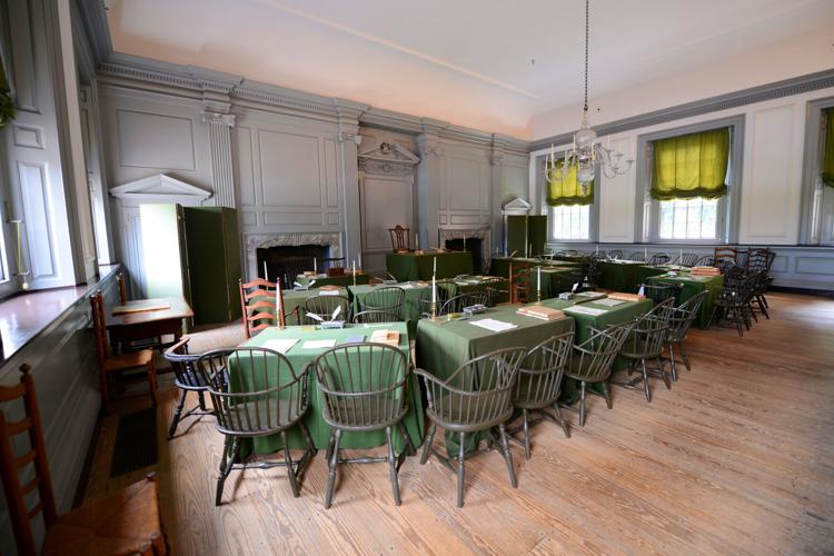 Assembly Room in Independence Hall in old town Philadelphia, Pennsylvania, USA. Both the Declaration of Independence and Constitution are signed in this room.