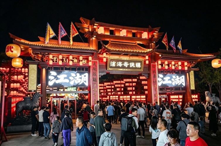 Canghai Hero Town, a cultural tourism destination in Cangzhou, Hebei, China, photographed at night.