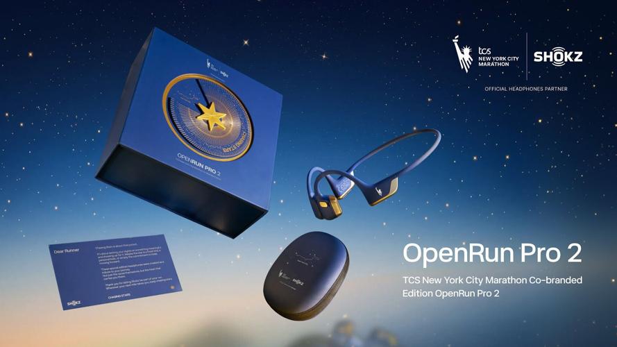 The OpenRun Pro 2 TCS New York City Marathon Co-Branded Edition features a distinctive deep blue and gold design, with the iconic 5-boro course illustrated on the gift box and headphone case.
