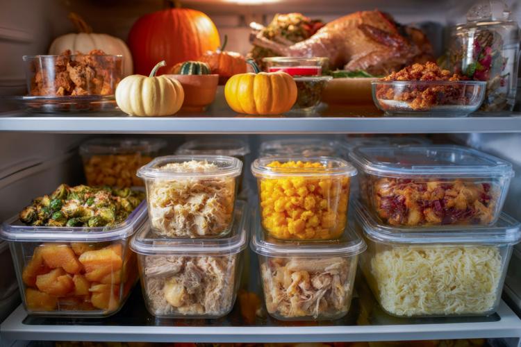 Thanksgiving leftovers in labeled containers, flat lay on a fridge shelf and relatable post-holiday visual