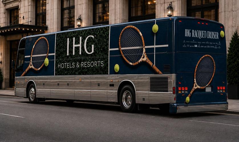 Rendering of the IHG Racquet Cruiser, a one-of-a-kind, complimentary premium motorcoach that turns the ride home into one last taste of IHG hospitality.