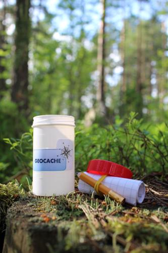 Geocaching and geocache container in forest