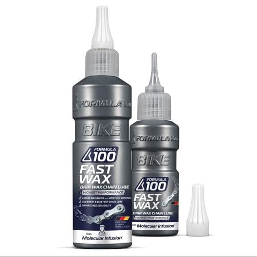 Formula 100 Fast Wax Drip Wax Chain Lube for highest performance available in 120ml and 50ml dropper bottles